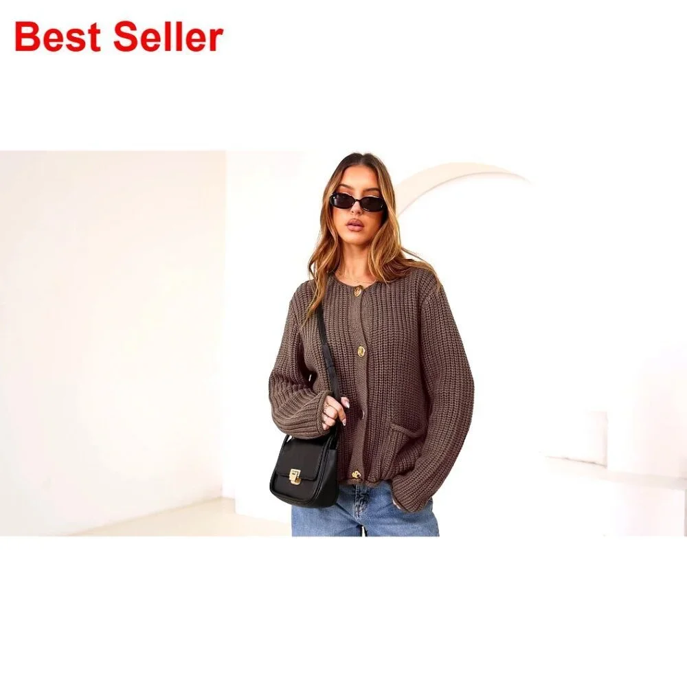 Oversized Chunky Knit Cardigan with Pockets, 60% Cotton 40% Acrylic